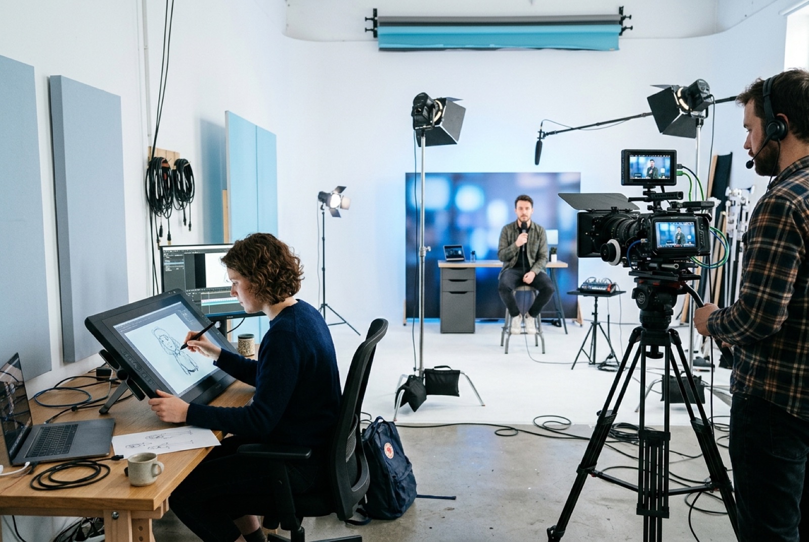 Studio met links een animator achter een tekentablet en rechts een kleine filmset met camera