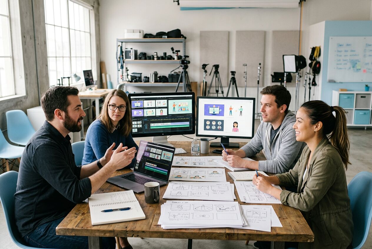 Videoteam dat in een kantoor om een tafel zit en storyboards en schermen bekijkt voor een reeks product-uitlegvideo's met dezelfde stijl.