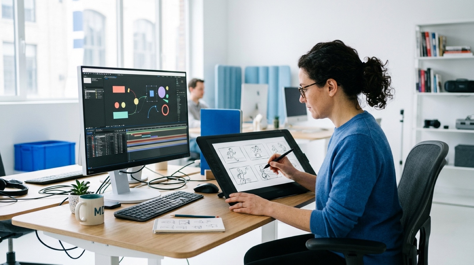 Motion designer tekent storyboardframes op een tablet in een lichte studio