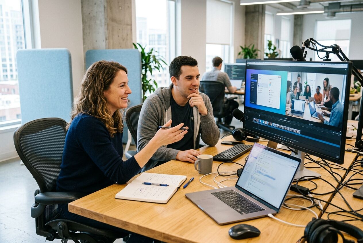 Productmanager en videomaker kijken samen naar een software-demo video op een groot beeldscherm in een kantooromgeving.