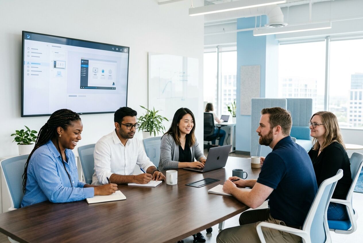 Klantenserviceteam dat samen in een kantoor een onboarding-explainer op een groot scherm bekijkt terwijl zij aantekeningen maken.